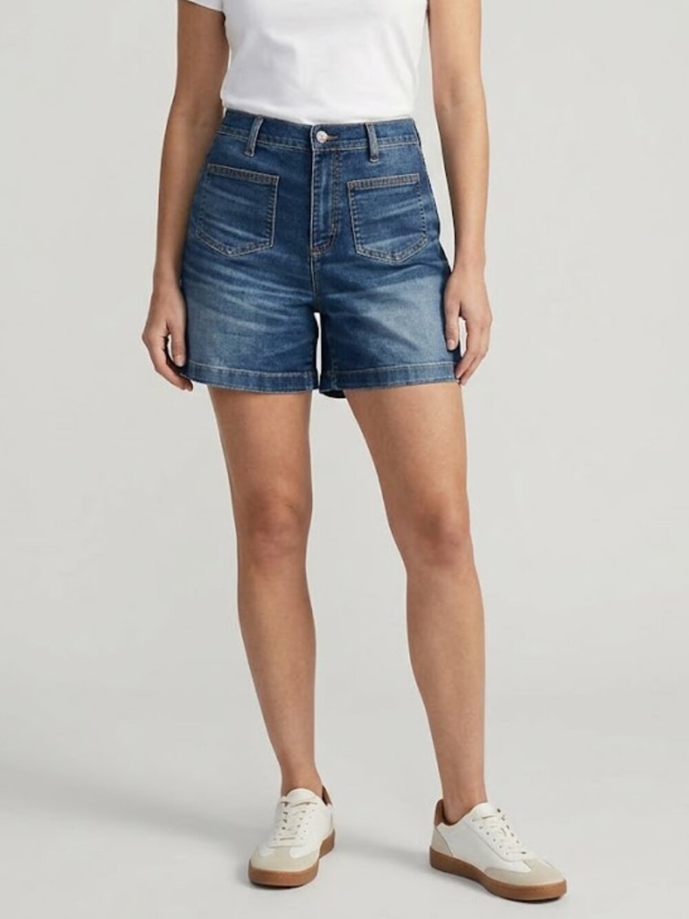 Lands’ End Recover High Rise Midi Denim Jean Shorts Patch Pockets Size 8